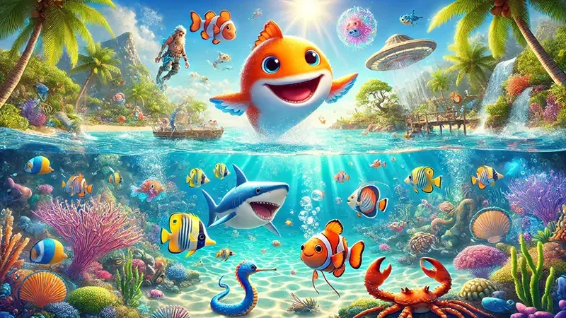 Tampilan permainan tembak ikan dengan target di layar